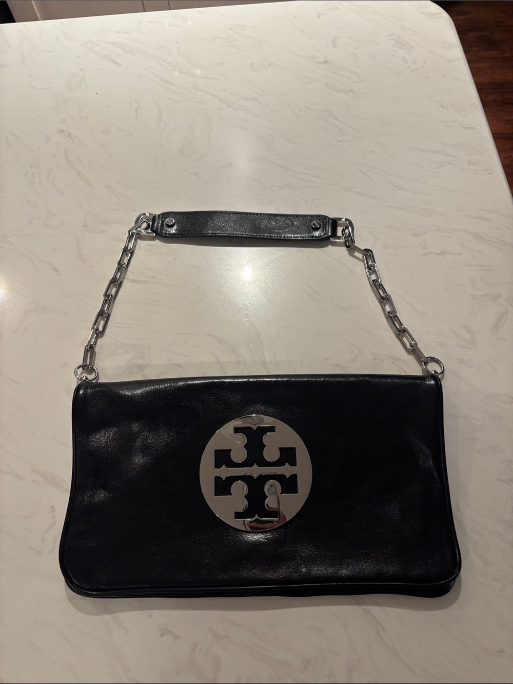 Tory Burch Reva Black Leather Logo Shoulder Bag